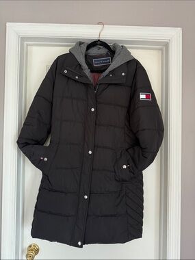 Tommy Hilfiger Black Quilted Long Puffer Coat with Hooded Liner